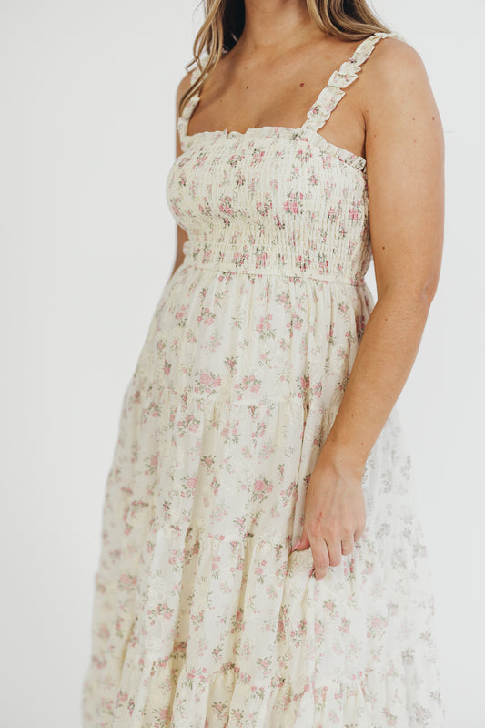 Ryan Ruffle Midi Dress with Embroidered Detail in Cream/Pink Floral