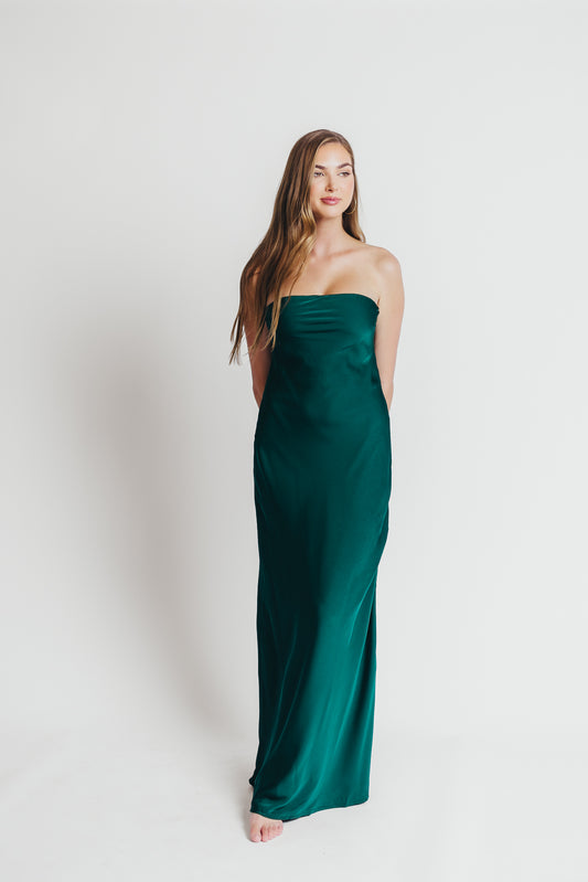 Going Out Strapless Bias Cut Maxi Dress in Hunter Green