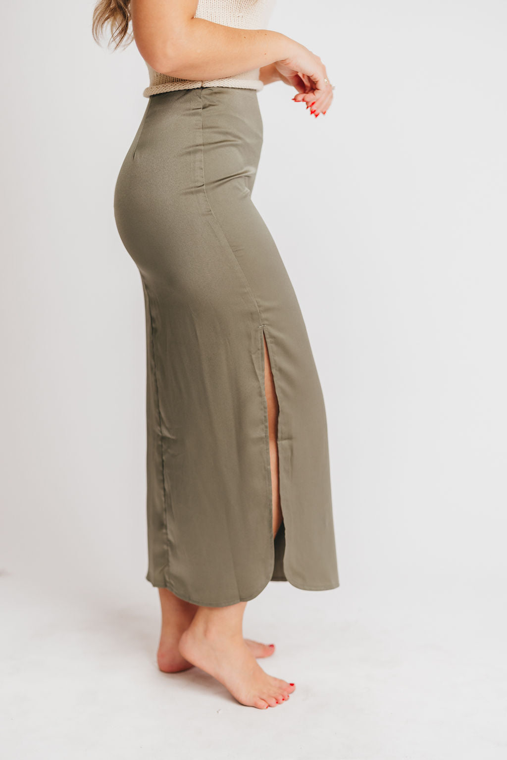 Mira Satin Skirt with Side Slit in Olive