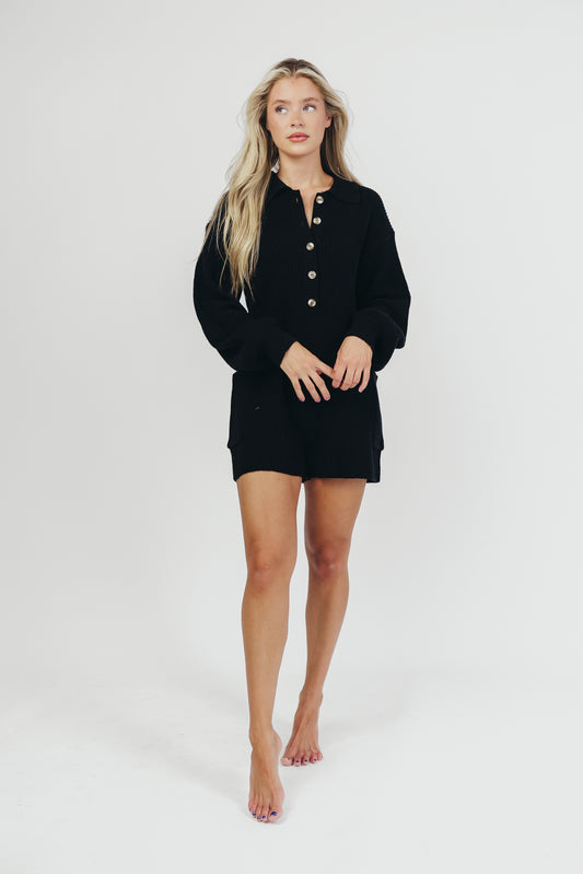 Steph Button Up Knit Sweater Romper with Long Sleeves in Black - Nursing Friendly