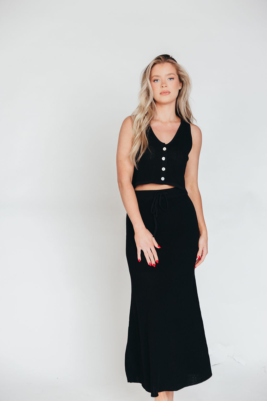 Sweet Peach Knit Vest and Maxi Skirt Set in Black *Pre-Order* Ships in March 6