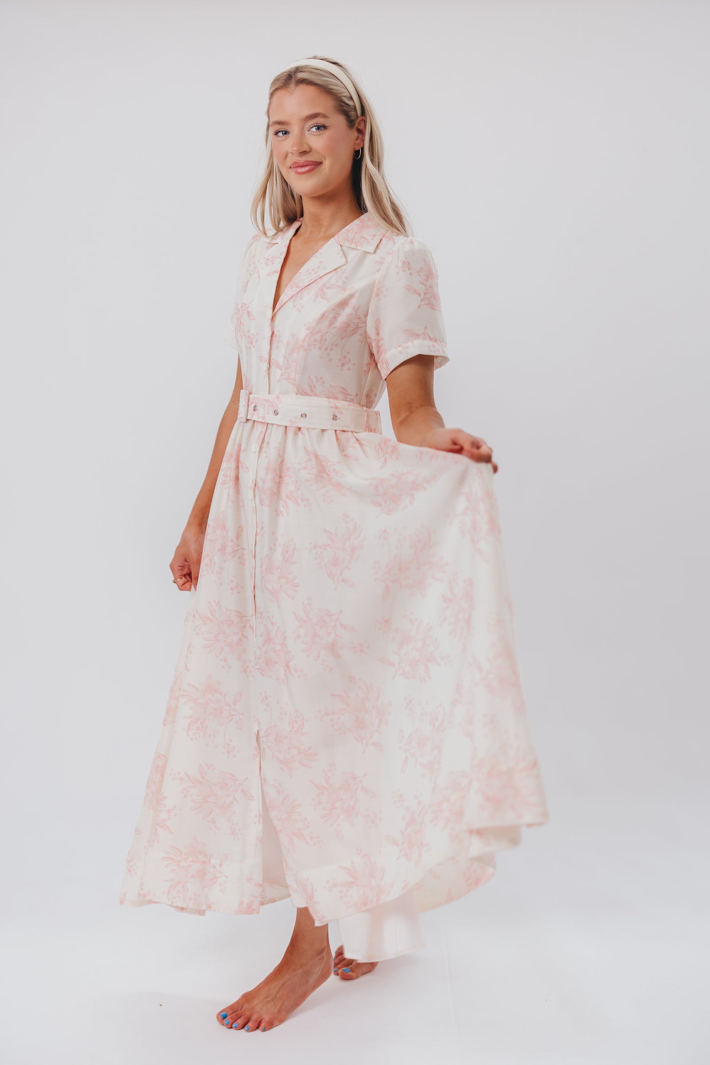 Gracie Button Down Midi Dress with Belt in Pink Floral - Nursing Friendly