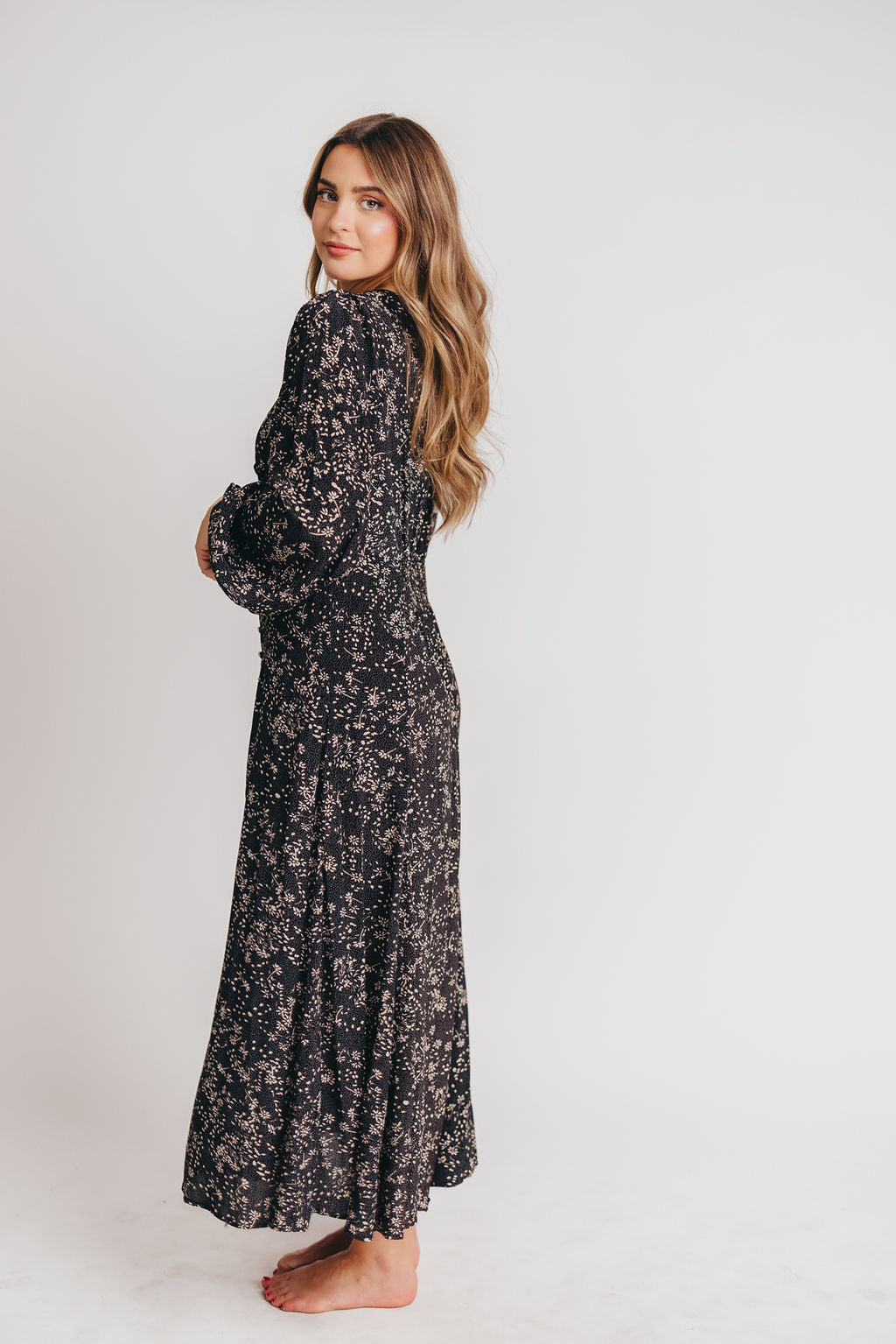 Brandi Long Sleeve Button Up Maxi Dress in Black Floral Worth Collective