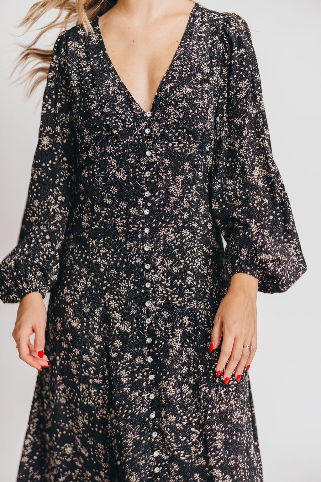 Brandi Long Sleeve Button Up Maxi Dress in Black Floral Worth Collective