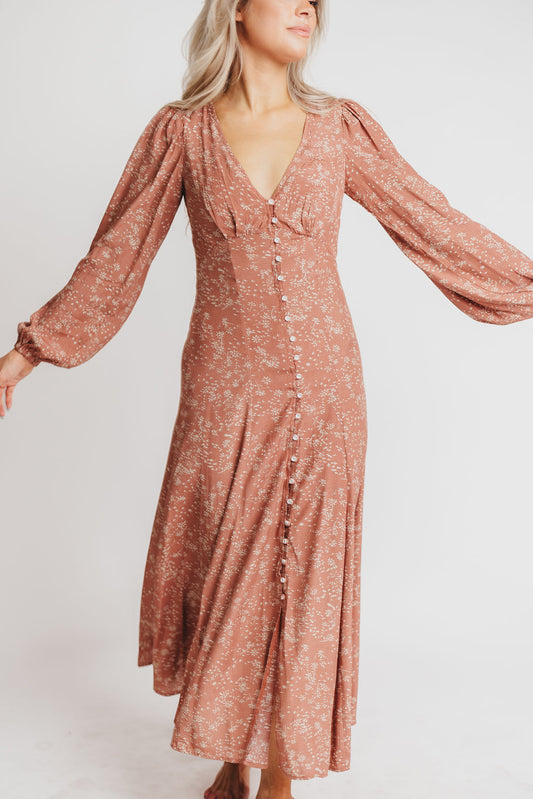 Brandi Long-Sleeve Button-Up Maxi Dress in Rosewood Floral (Low Stock)