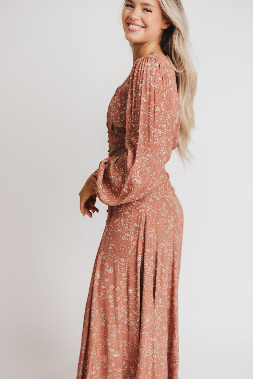 Brandi Long Sleeve Button Up Maxi Dress in Rosewood Floral Low Stock