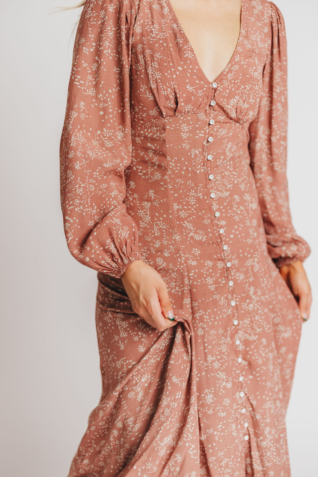 Brandi Long-Sleeve Button-Up Maxi Dress in Rosewood Floral