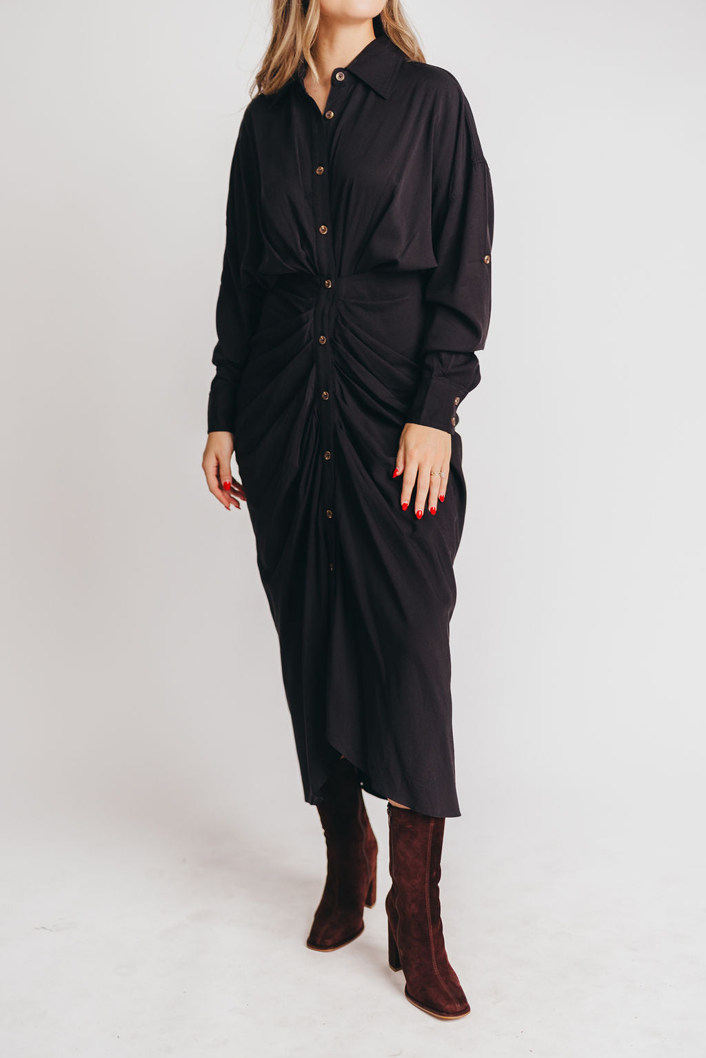 Indie Tencel Button-Up Shirt Dress in Black - Nursing Friendly