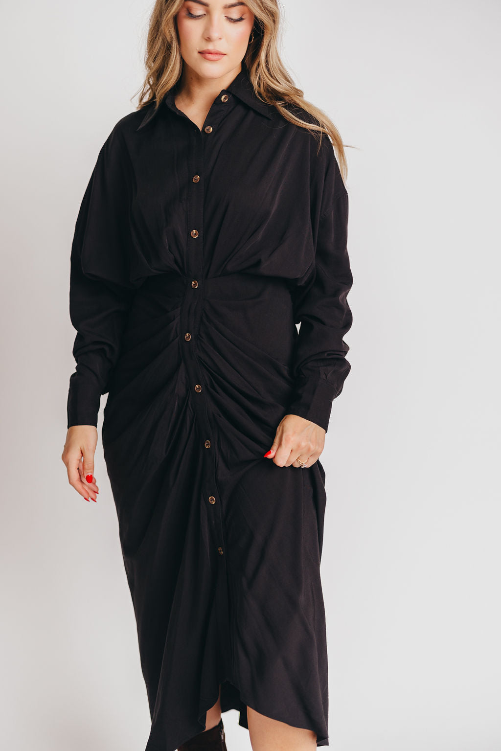 Indie Tencel Button-Up Shirt Dress in Black - Nursing Friendly