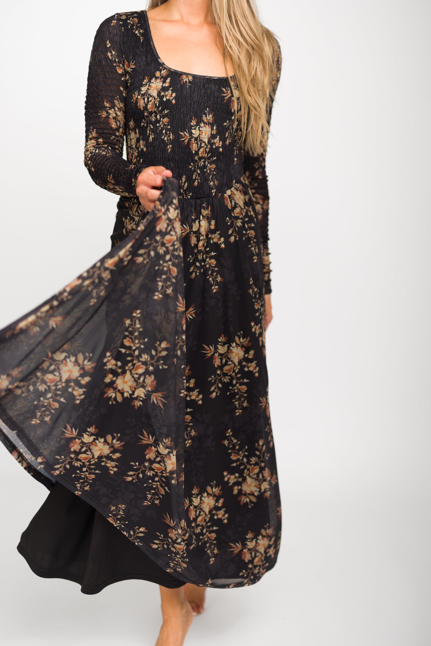 Honor Floral Smocked Woven Maxi Dress in Black - Bump
