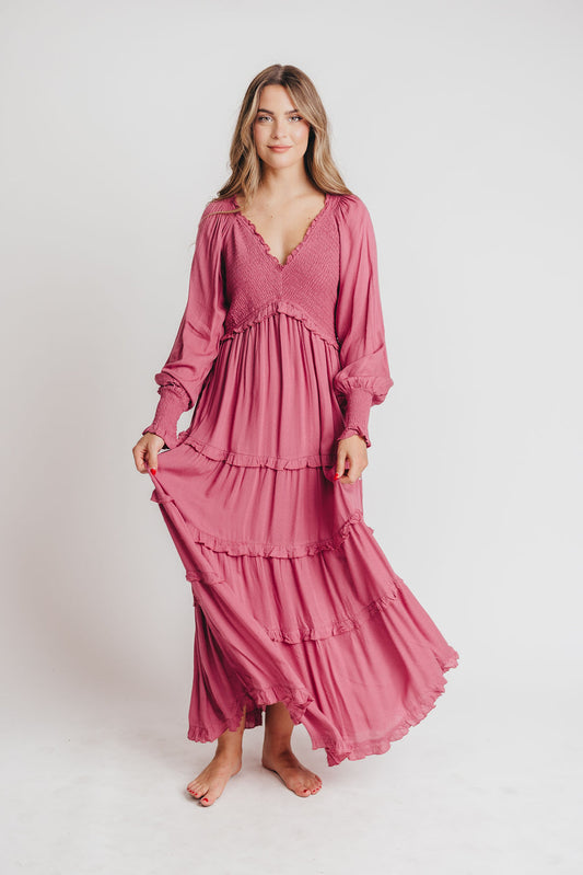 Pippa Long-Sleeved Smocked Maxi Dress in Mulberry - Bump Friendly