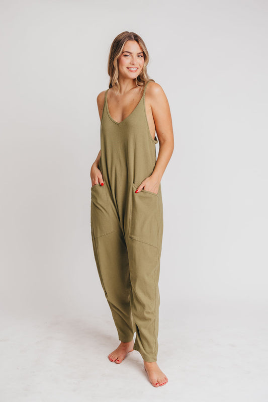 Hilary Ribbed Knit Jumpsuit with Pockets in Olive