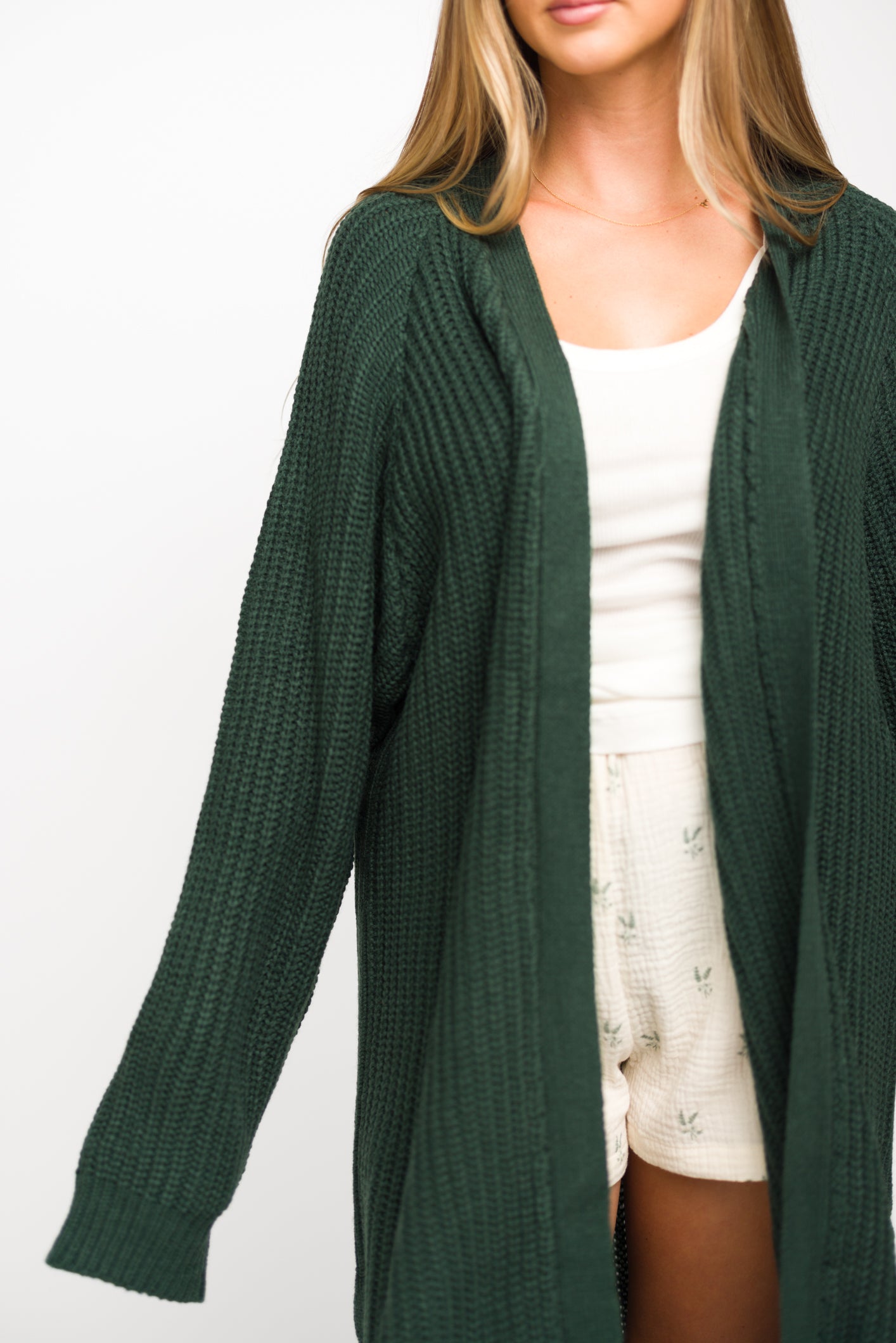 Janelle Open Front Long Cardigan Sweater in Real Green