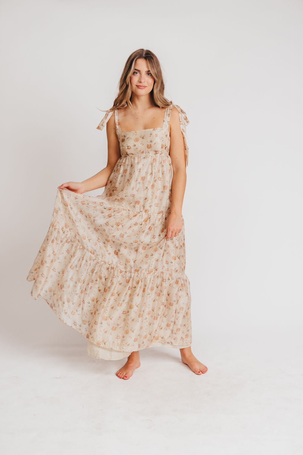 Sonnet Tie-Strap Tiered Maxi Dress in Champagne Floral