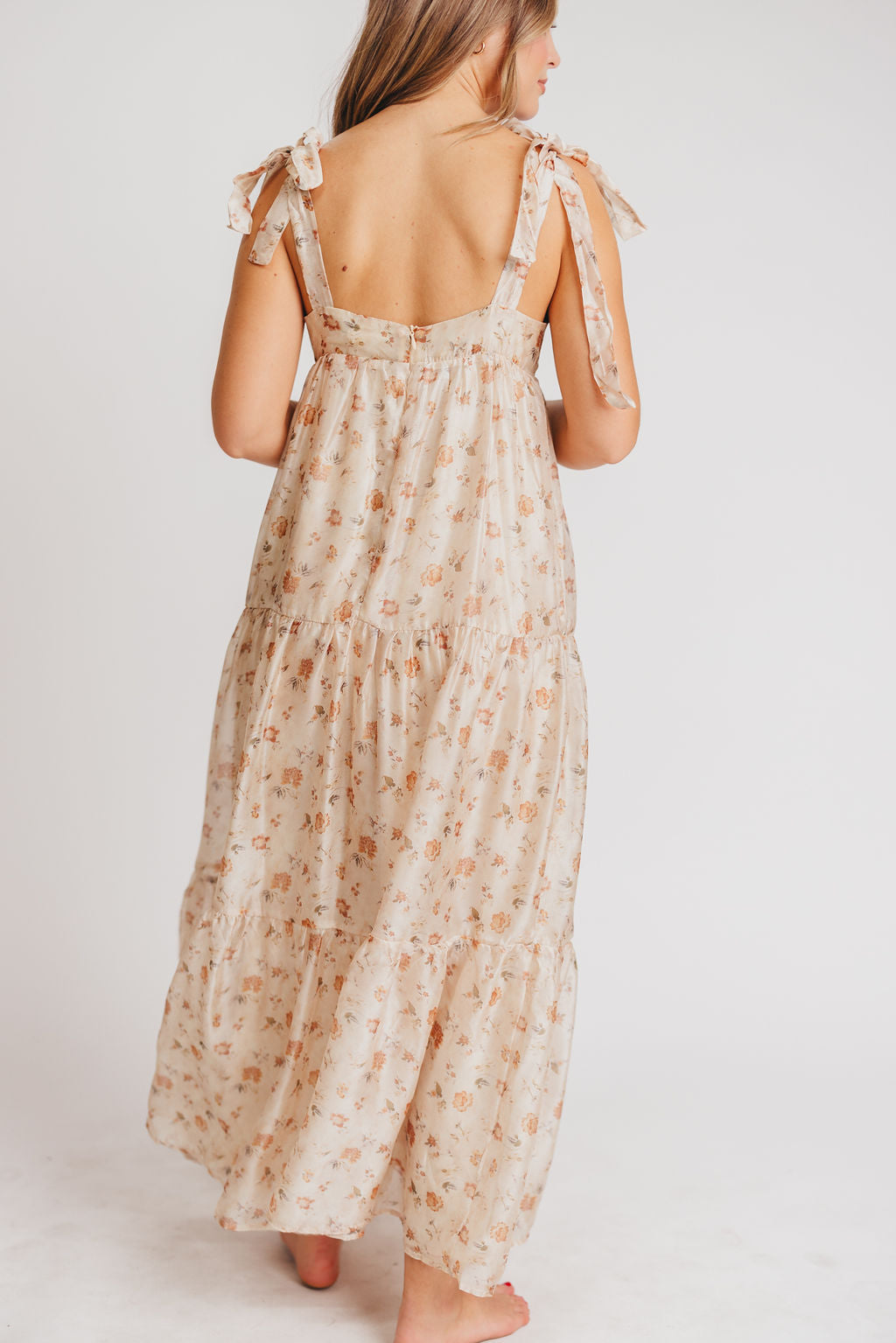 Sonnet Tie-Strap Tiered Maxi Dress in Champagne Floral