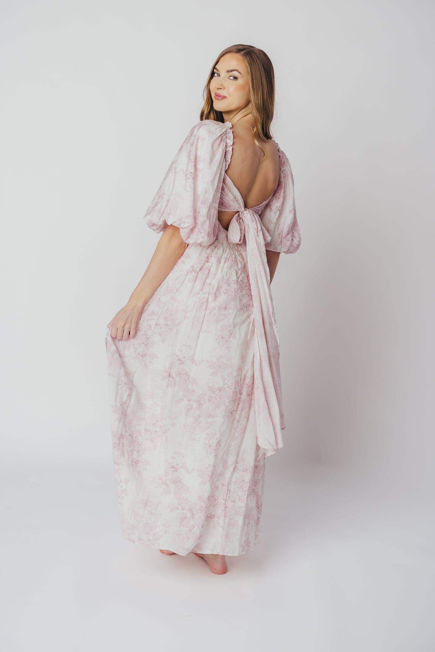 Melody Maxi Dress with Pleats and Bow Detail in Pink Toile - Bump Friendly & Inclusive Sizing (S-3XL)