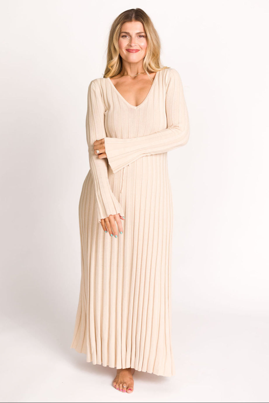 Hadley Long Sleeve V-Neck Knit Maxi Dress in Cream Taupe Hadley Long Sleeve V-Neck Knit Maxi Dress in Cream Taupe