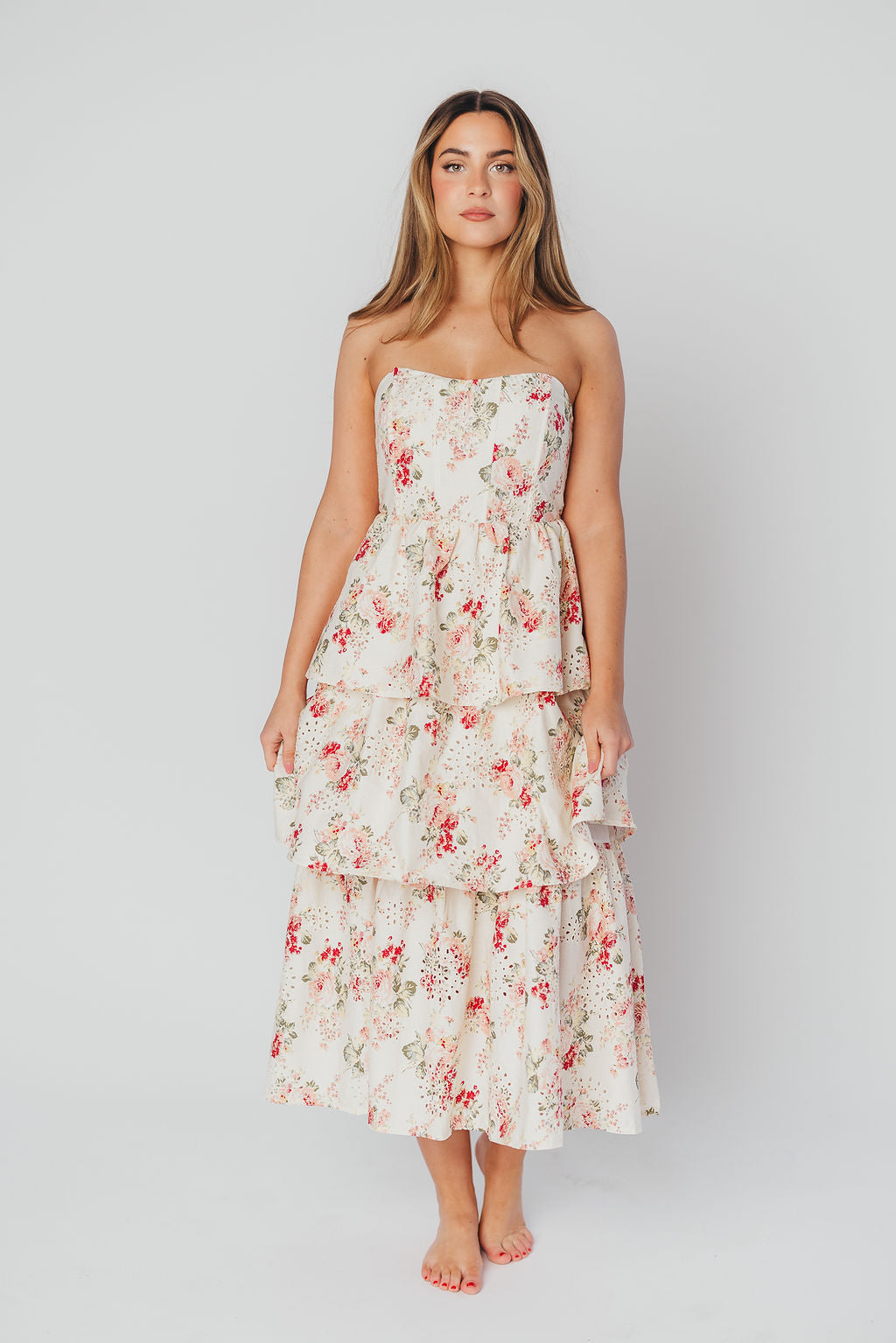 Britney Eyelet Midi Dress in Natural Floral