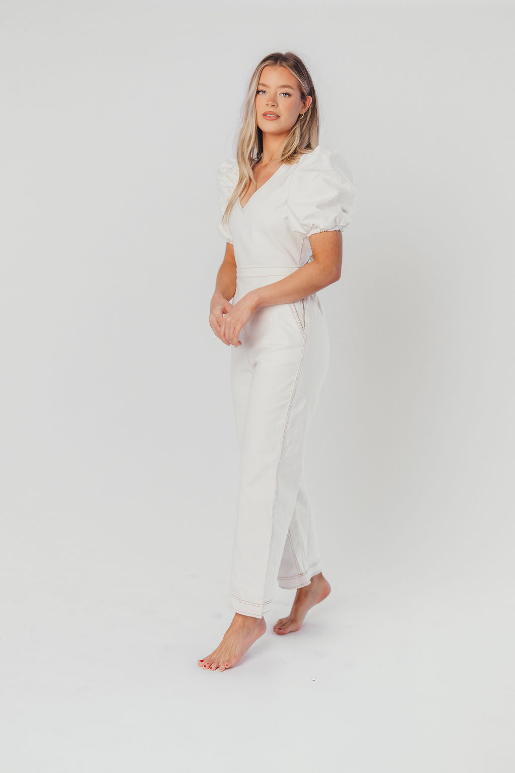 Bambi Puffed Sleeve Jumpsuit in Off-White