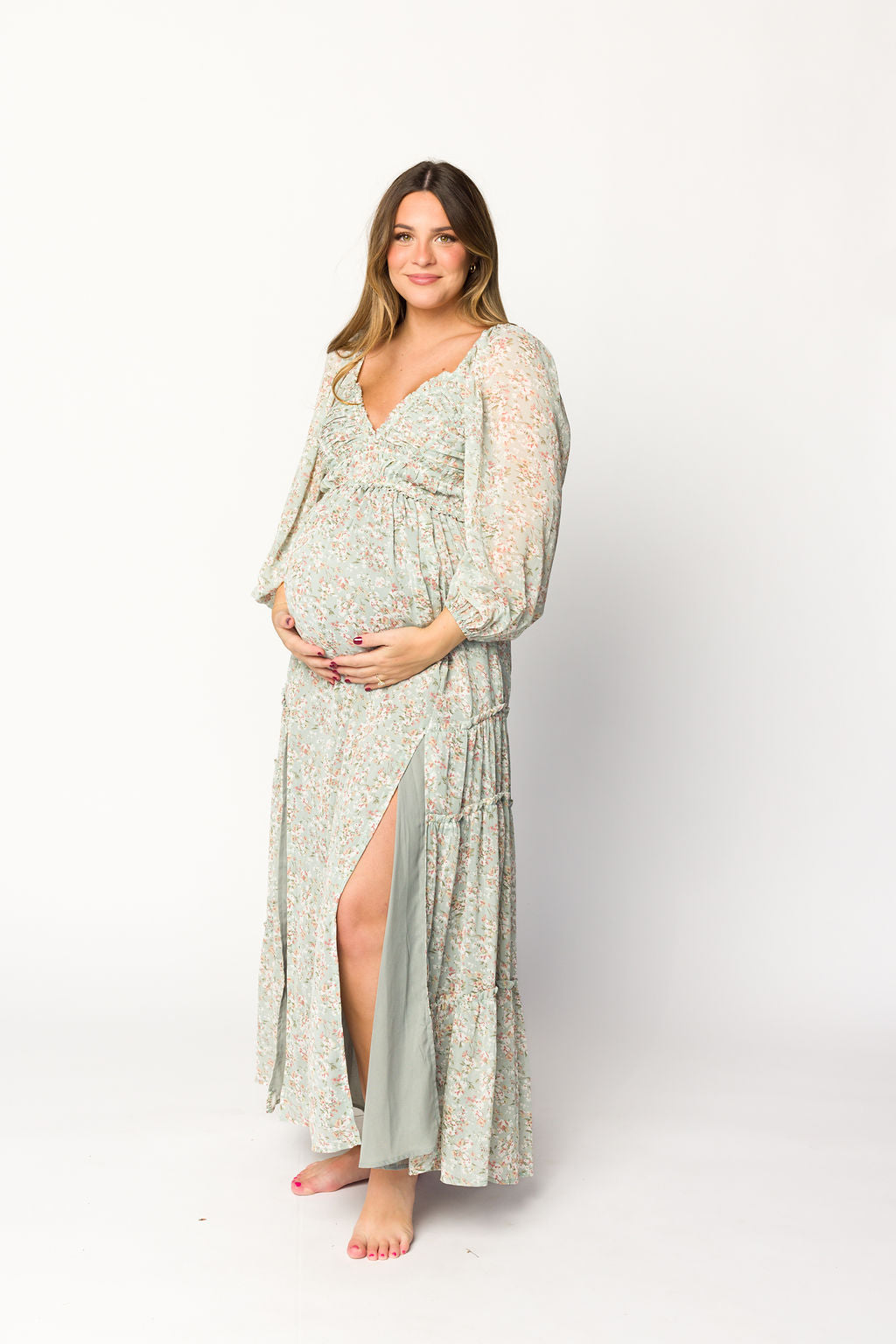 Daphne Long Sleeve Maxi Dress in Sage/Pink/Ivory Floral - Bump Friendly & Inclusive Sizing (XS-3XL) X-Small Daphne Long Sleeve Maxi Dress in Sage/Pink/Ivory Floral - Bump Friendly & Inclusive Sizing (XS-3XL) X-Small