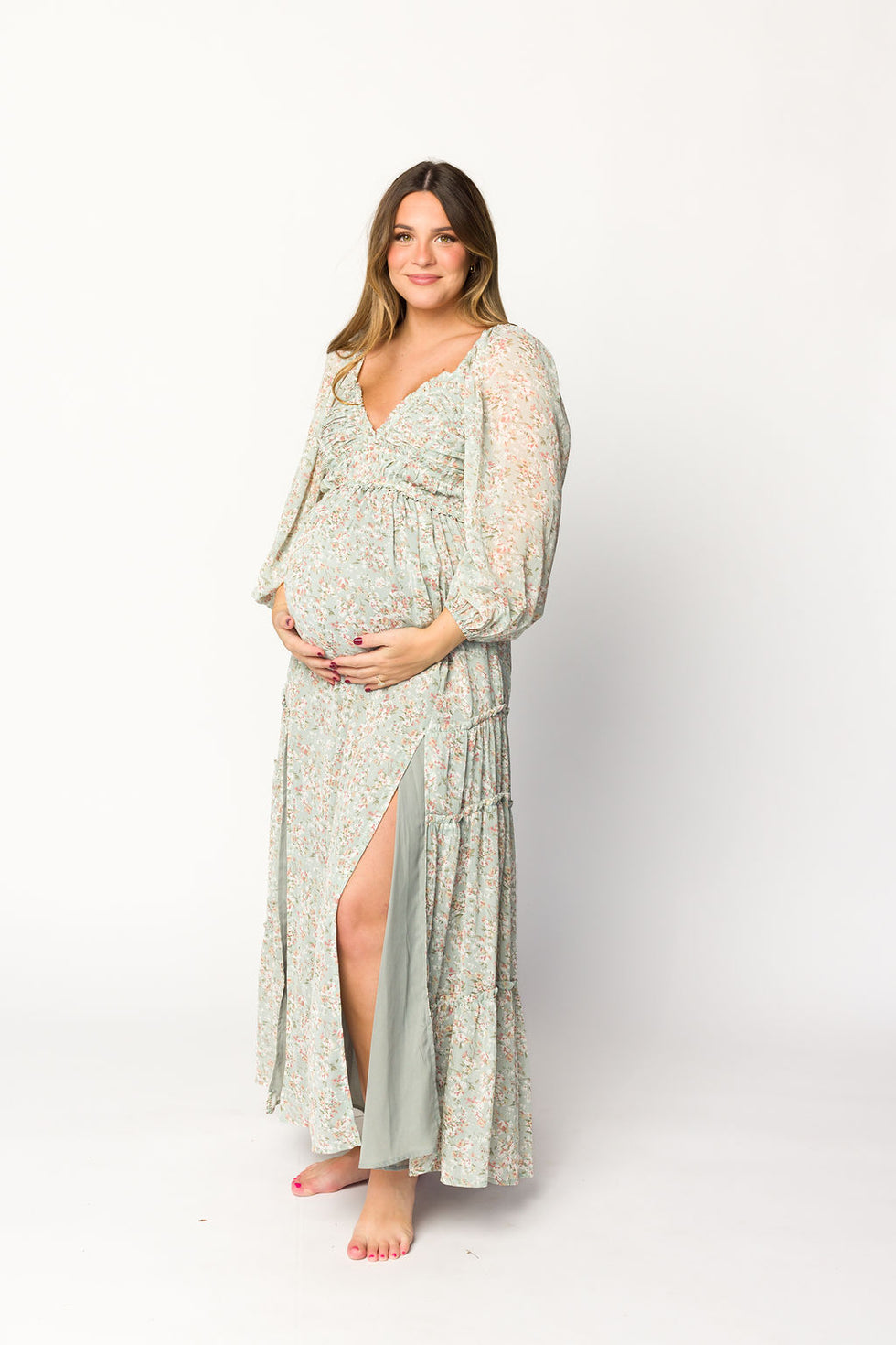 Daphne Long Sleeve Maxi Dress in Light Beige/White Floral - Bump Friendly