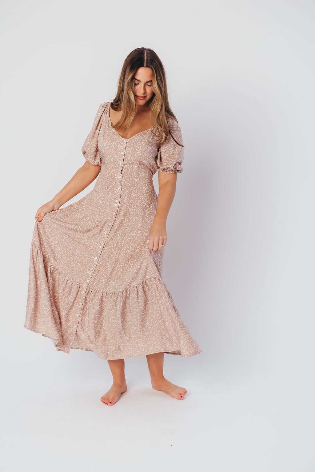 Ellington Button-Down Midi Dress with Sweetheart Neckline in Beige Floral - Nursing Friendly