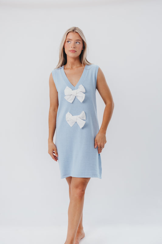 Wendy Sleeveless Sweater Mini Dress with Front Bow Detail in Sky/White