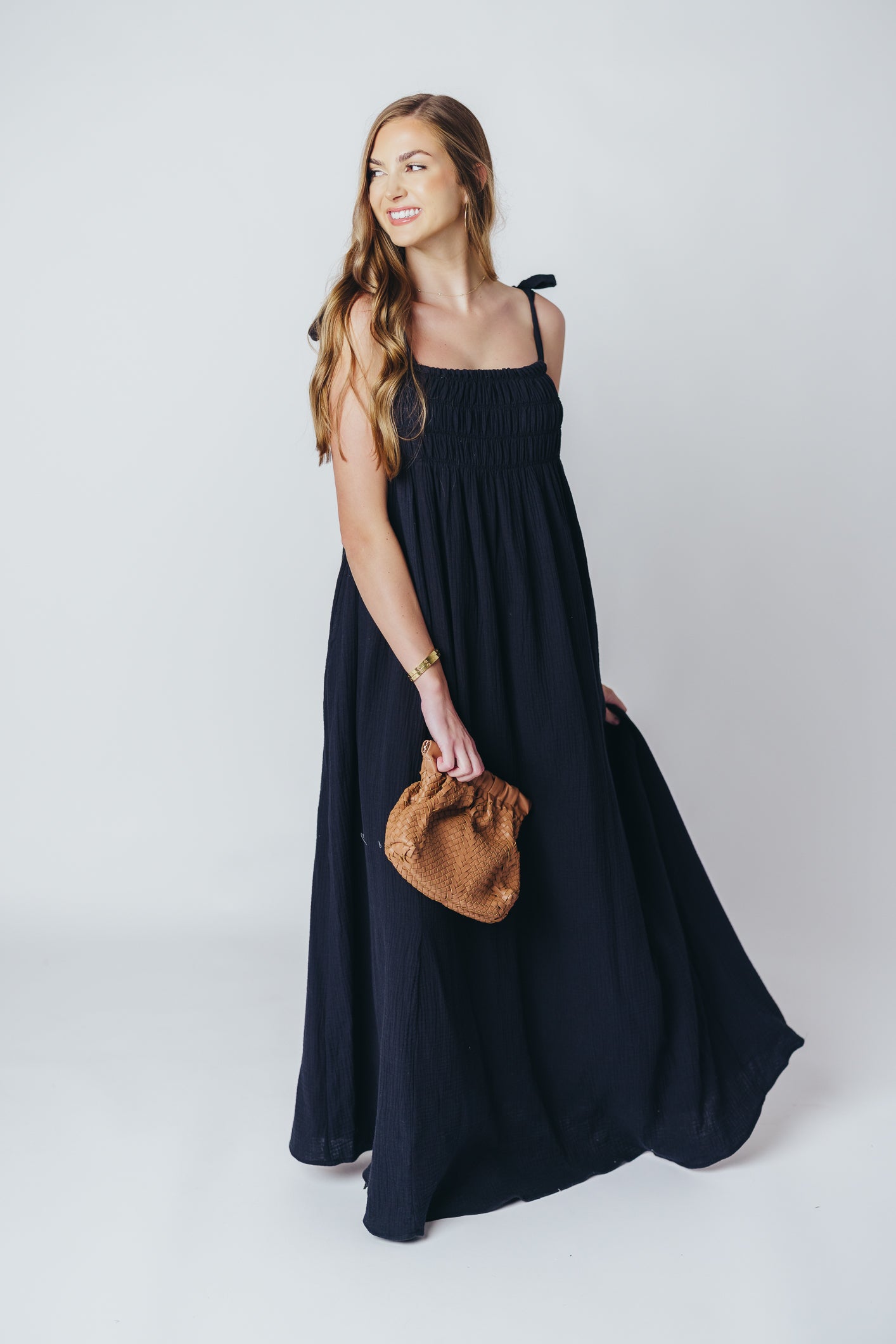 Almeria Smocked Maxi Dress with Self-Tie Straps in Black - Bump Friendly
