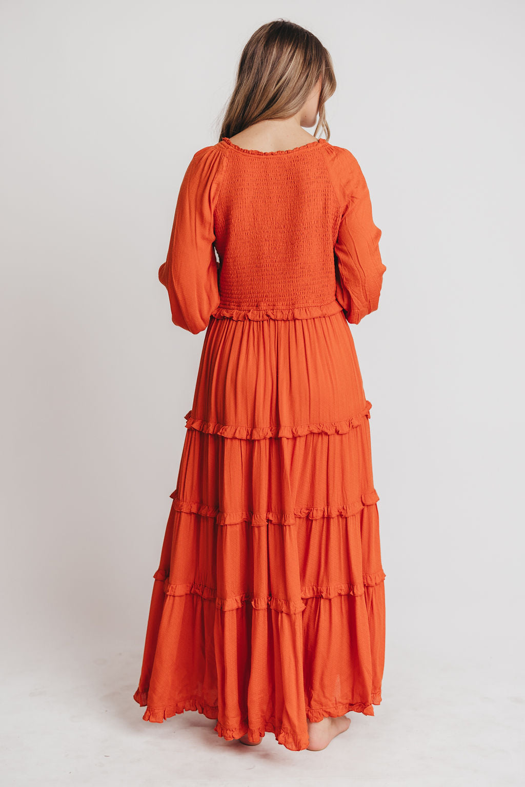 Pippa Long-Sleeved Smocked Maxi Dress in Rust - Bump Friendly