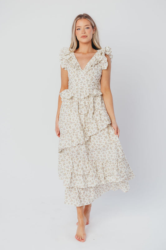 Christina Asymmetrical Ruffle Maxi Dress in Cream/Pink/Lavender