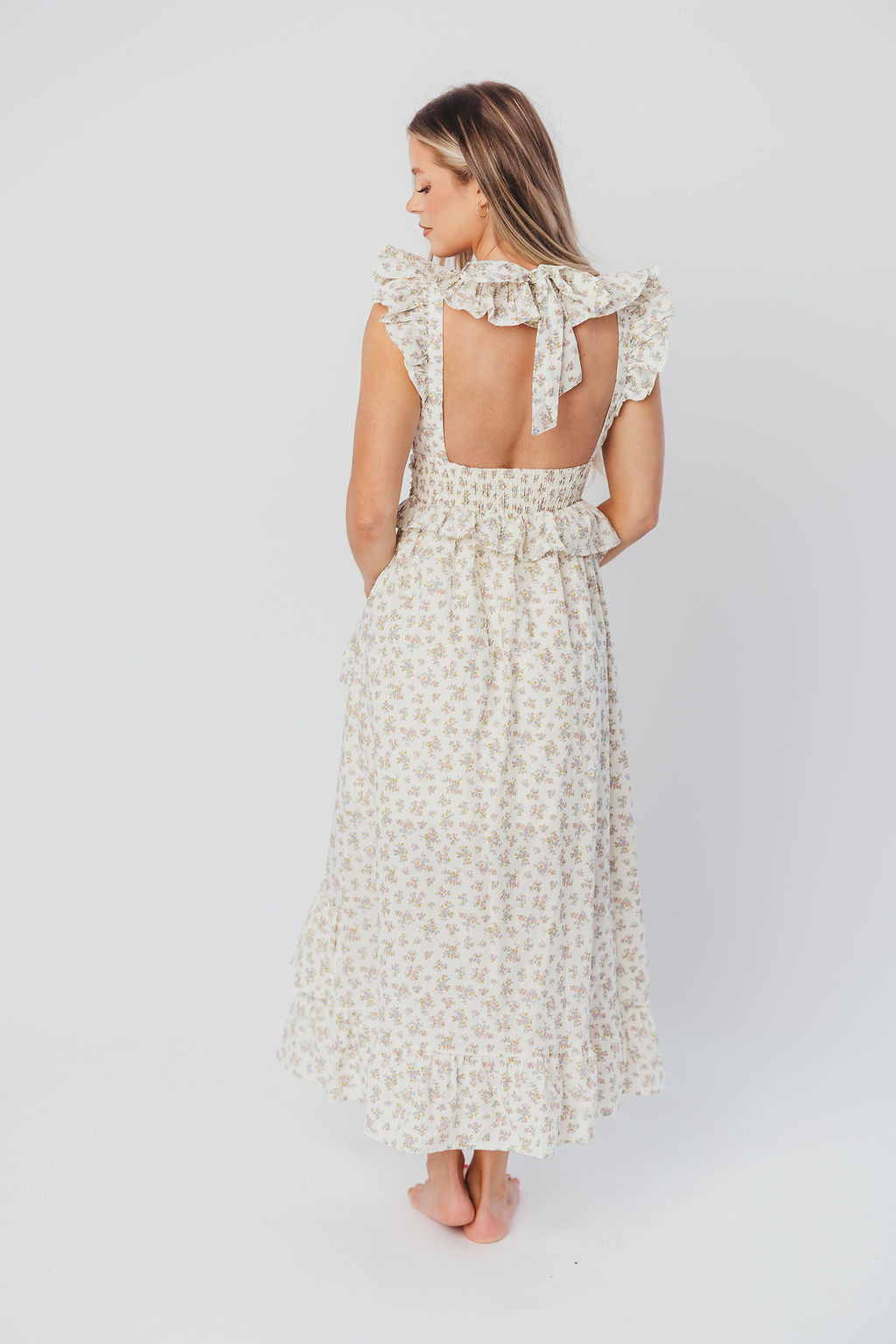 Christina Asymmetrical Ruffle Maxi Dress in Cream/Pink/Lavender