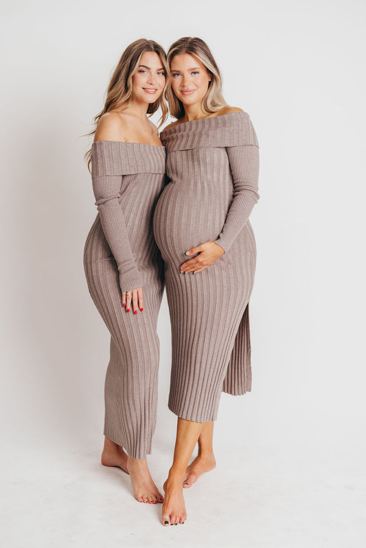 Natalia Off-the-Shoulder Sweater Maxi Dress in Taupe - Bump Friendly