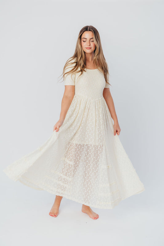 Calliope Dropped Waist Maxi Dress with Smocking & Lace in Ivory