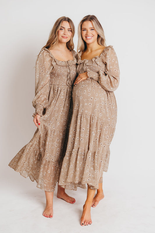Collie Ruffled Square-Neck Smocked Dress in Light Taupe Floral - Bump Friendly
