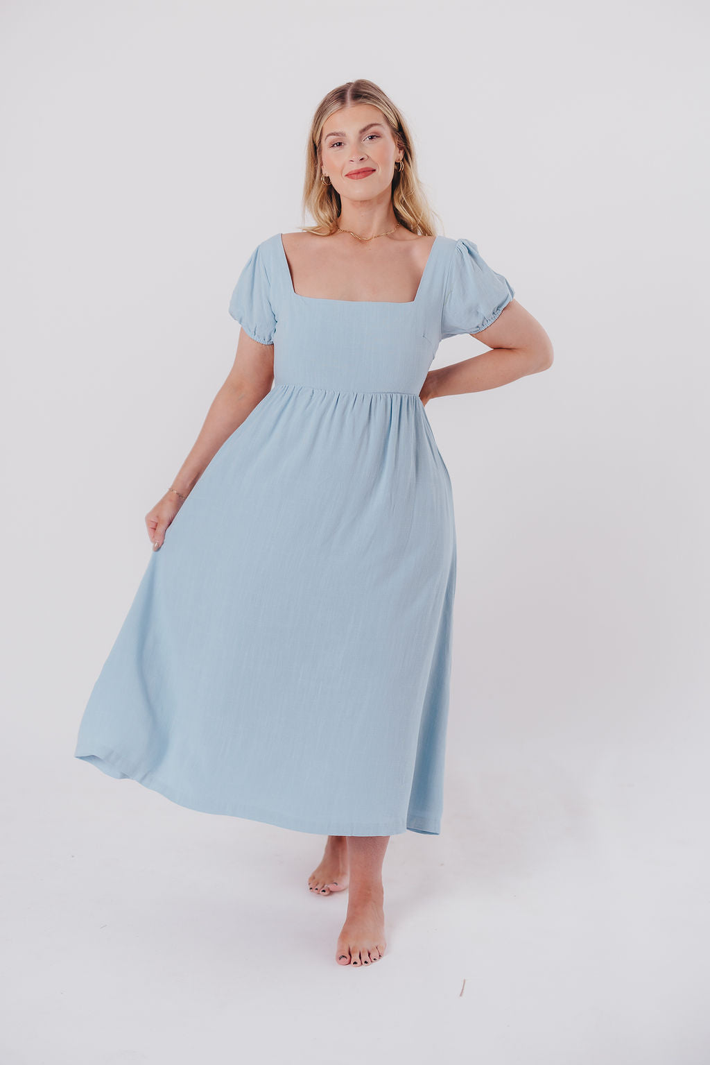 Ainsley Square Neck Midi Dress with Puffed Sleeves in Baby Blue - Bump Friendly & Inclusive Sizing (S-3XL)