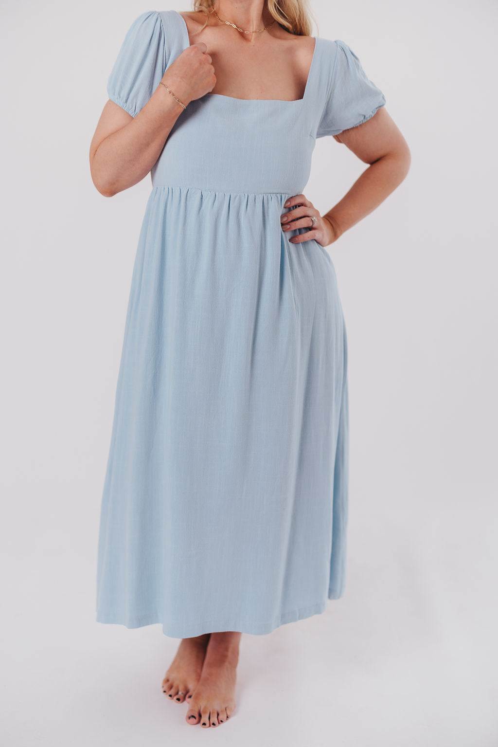 Ainsley Square Neck Midi Dress with Puffed Sleeves in Baby Blue - Bump Friendly & Inclusive Sizing (S-3XL)