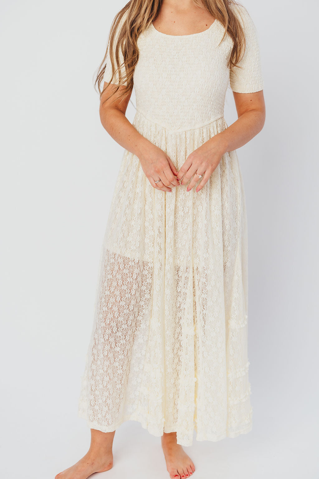 Calliope Dropped Waist Maxi Dress with Smocking & Lace in Ivory