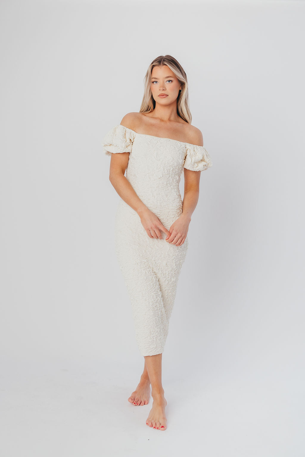 Blakeley Textured Midi Dress in Ivory - Bump Friendly & Inclusive
