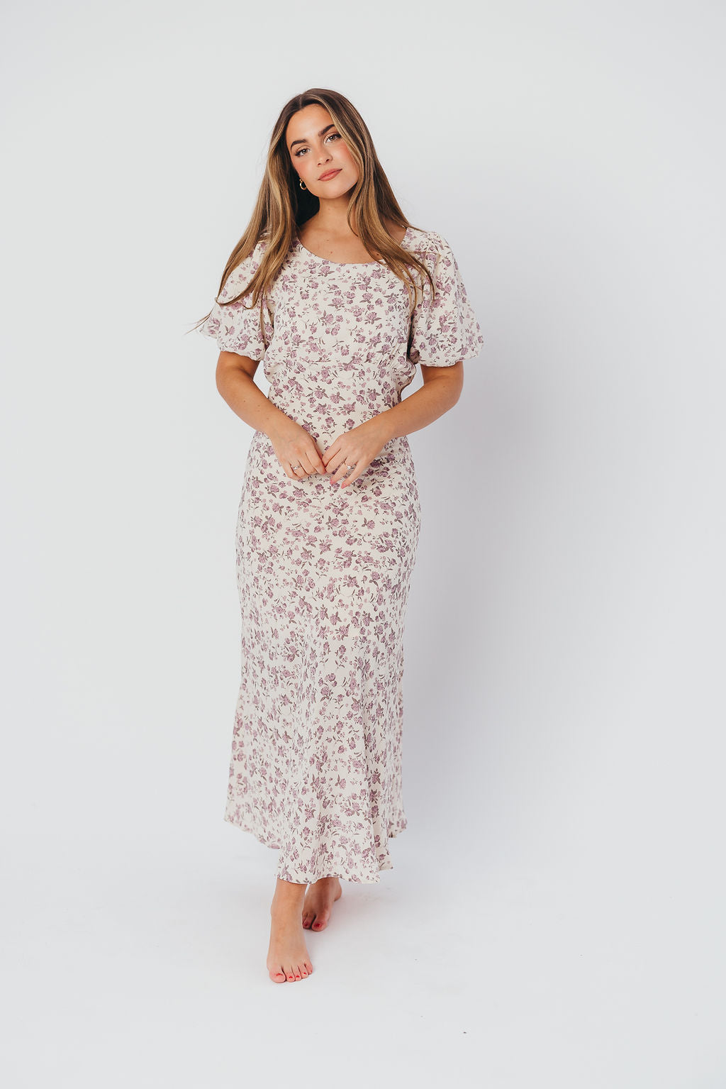 Lucia Bias-Cut Maxi Dress with Puffed Sleeves in Lilac Cream