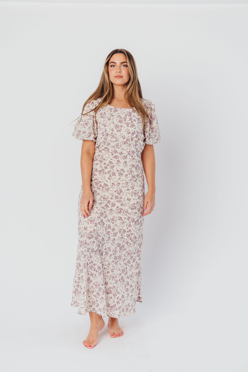 Lucia Bias-Cut Maxi Dress with Puffed Sleeves in Lilac Cream