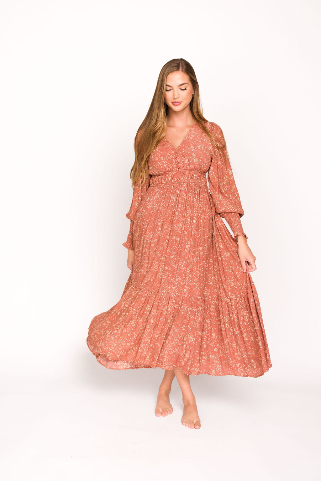 Florence Floral Button Down Long Sleeve Maxi Dress in Rosewood Worth Collective