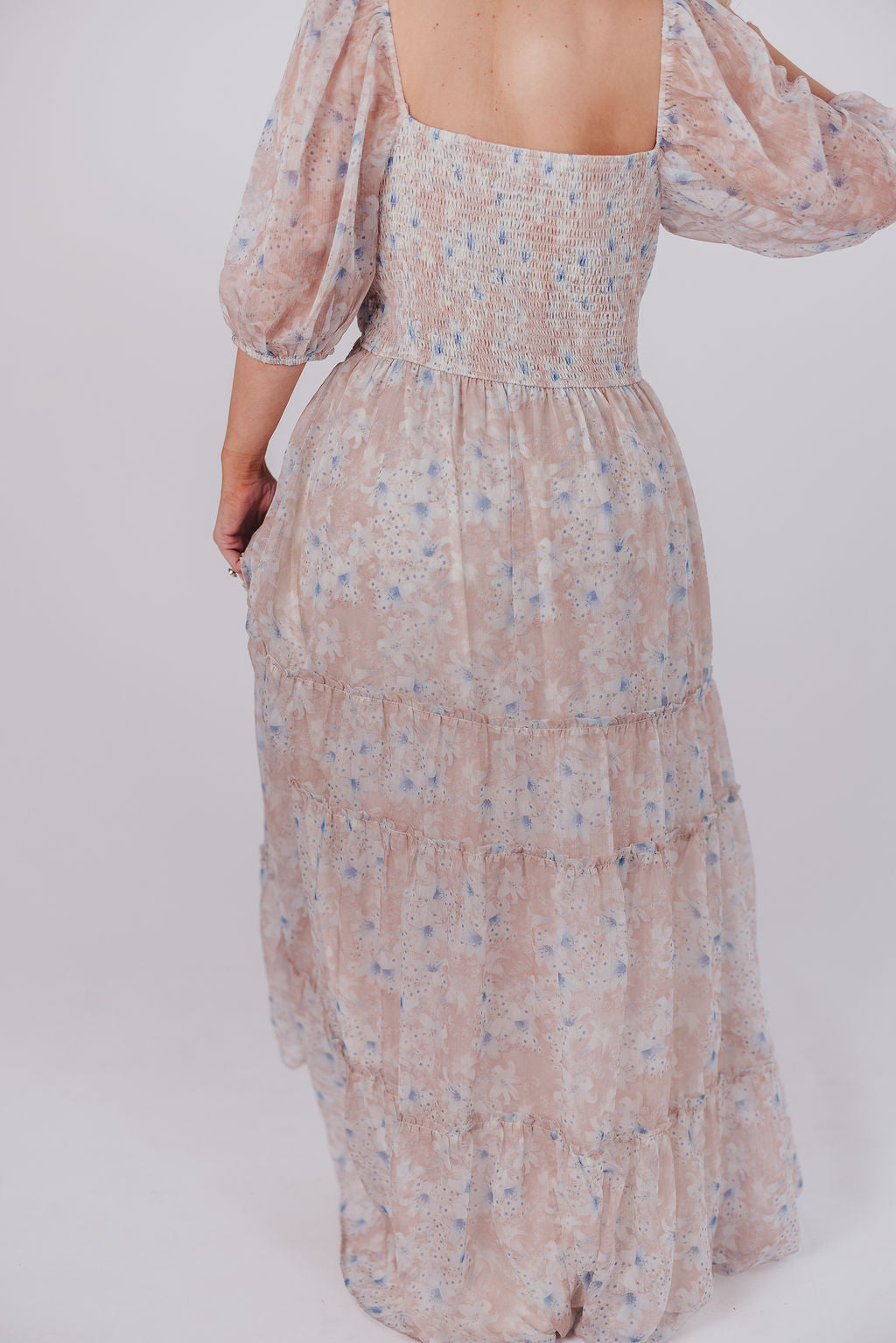 Daphne Maxi Dress in Beige Blue Floral - Bump Friendly & Inclusive Sizing (S-3XL)