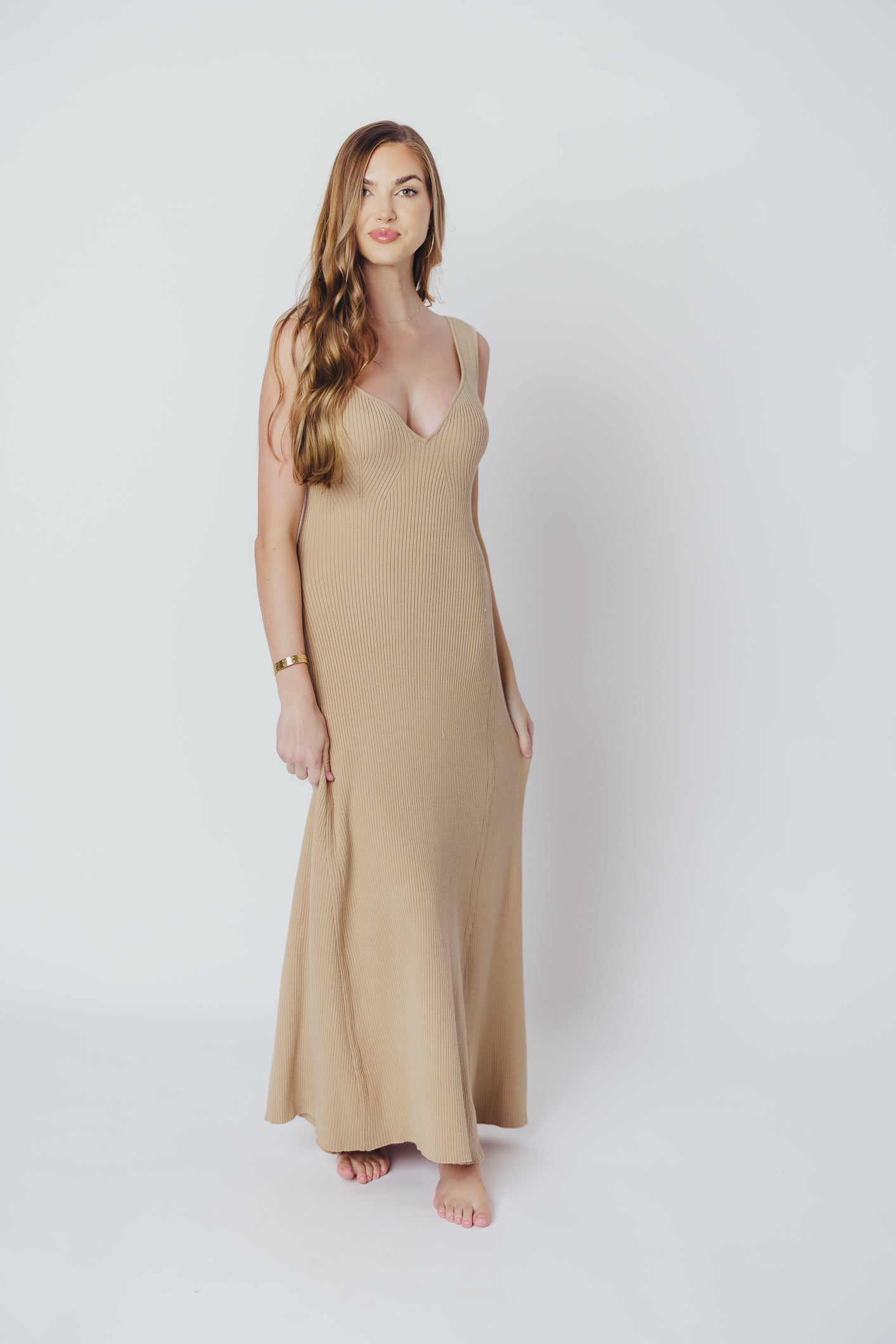 Sierra Ribbed Knit Maxi Dress in Natural Sand