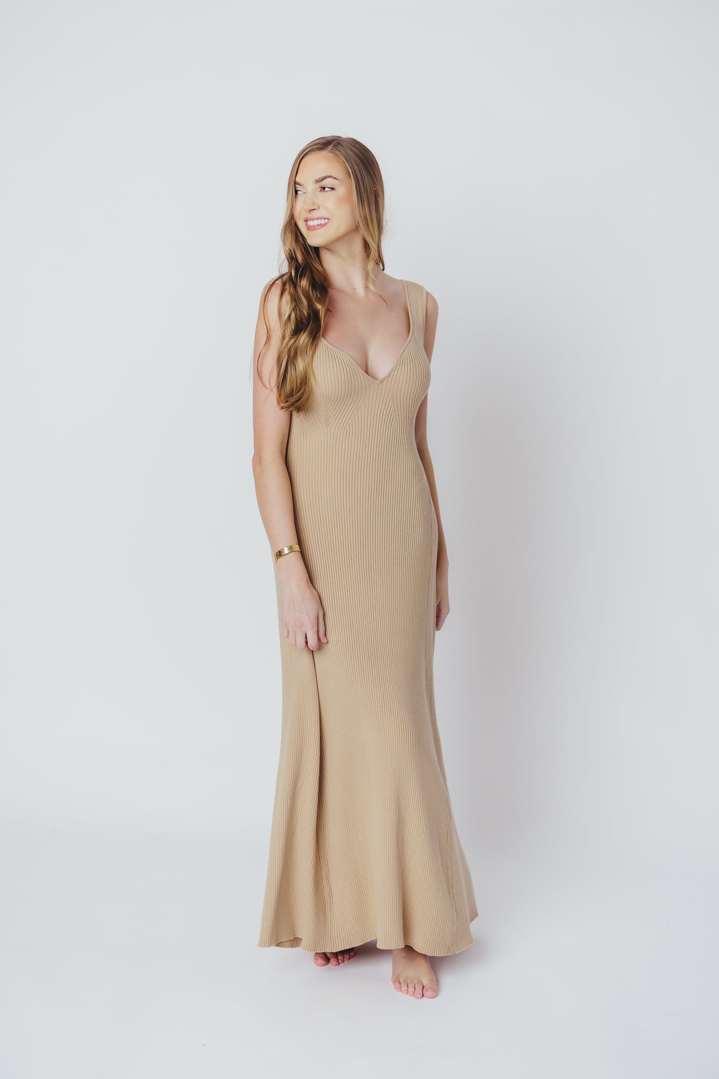 Sierra Ribbed Knit Maxi Dress in Natural Sand