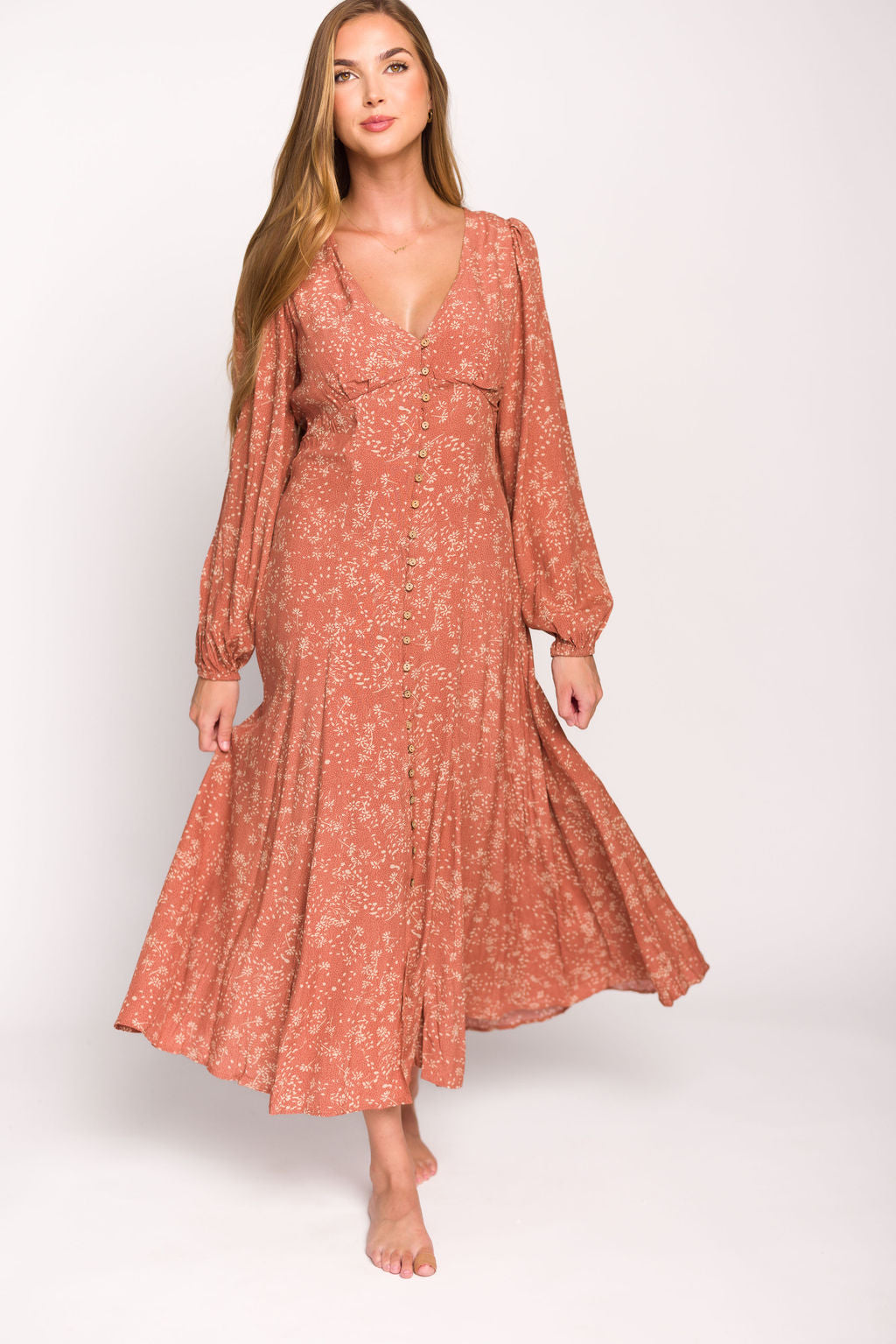 Brandi Long Sleeve Button Up Maxi Dress in Rosewood Floral