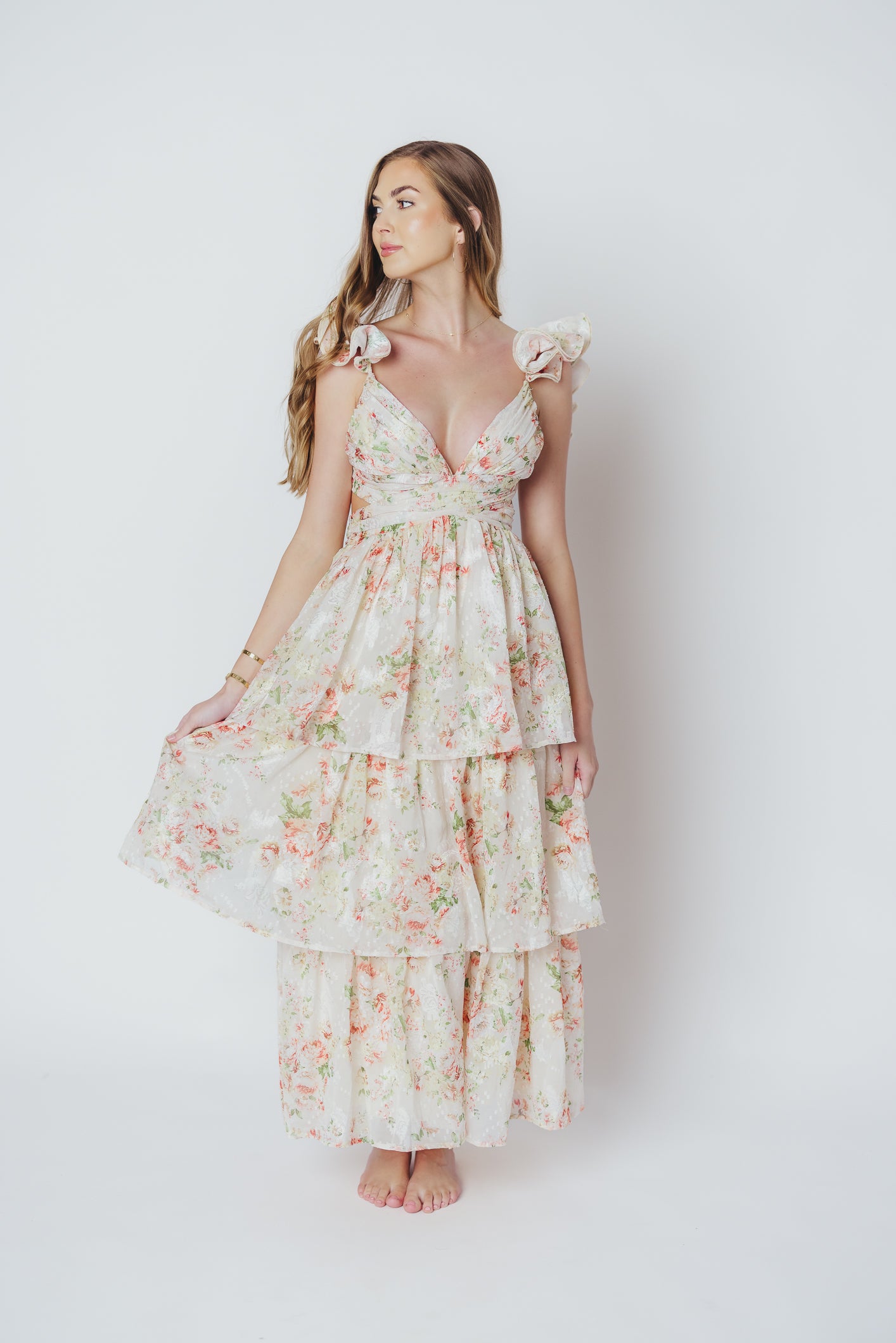 Ingrid Tiered Maxi Dress in Cream Multi Floral