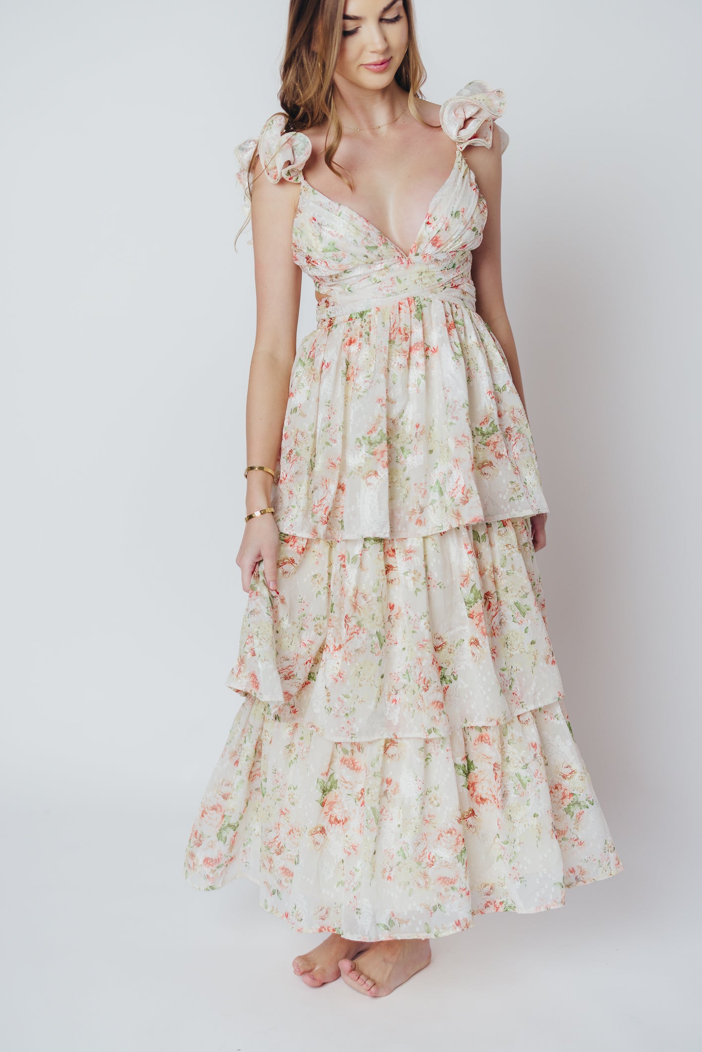 Ingrid Tiered Maxi Dress in Cream Multi Floral