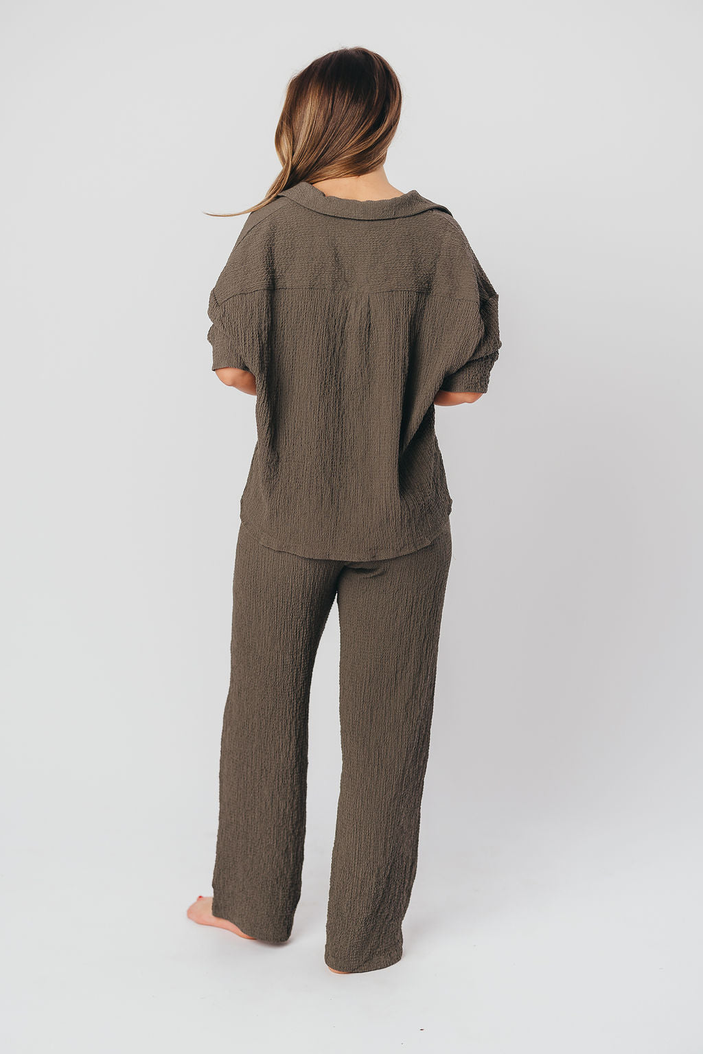 Adaline Textured Wide Leg Pants and Shirt Set in Dark Grey - Nursing Friendly