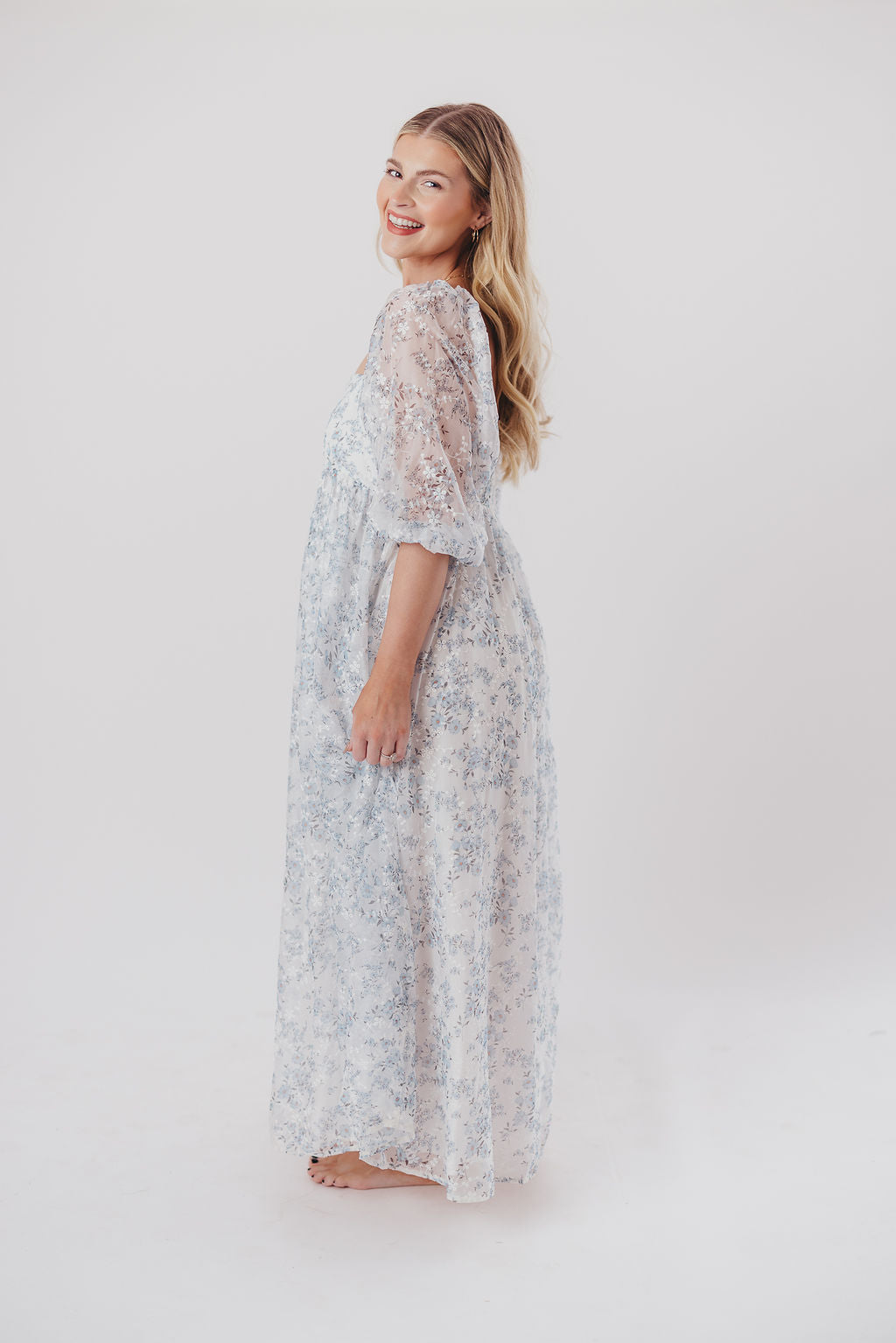 Mona Maxi Dress with Smocking in Blue White - Bump Friendly & Inclusive Sizing (S-3XL)