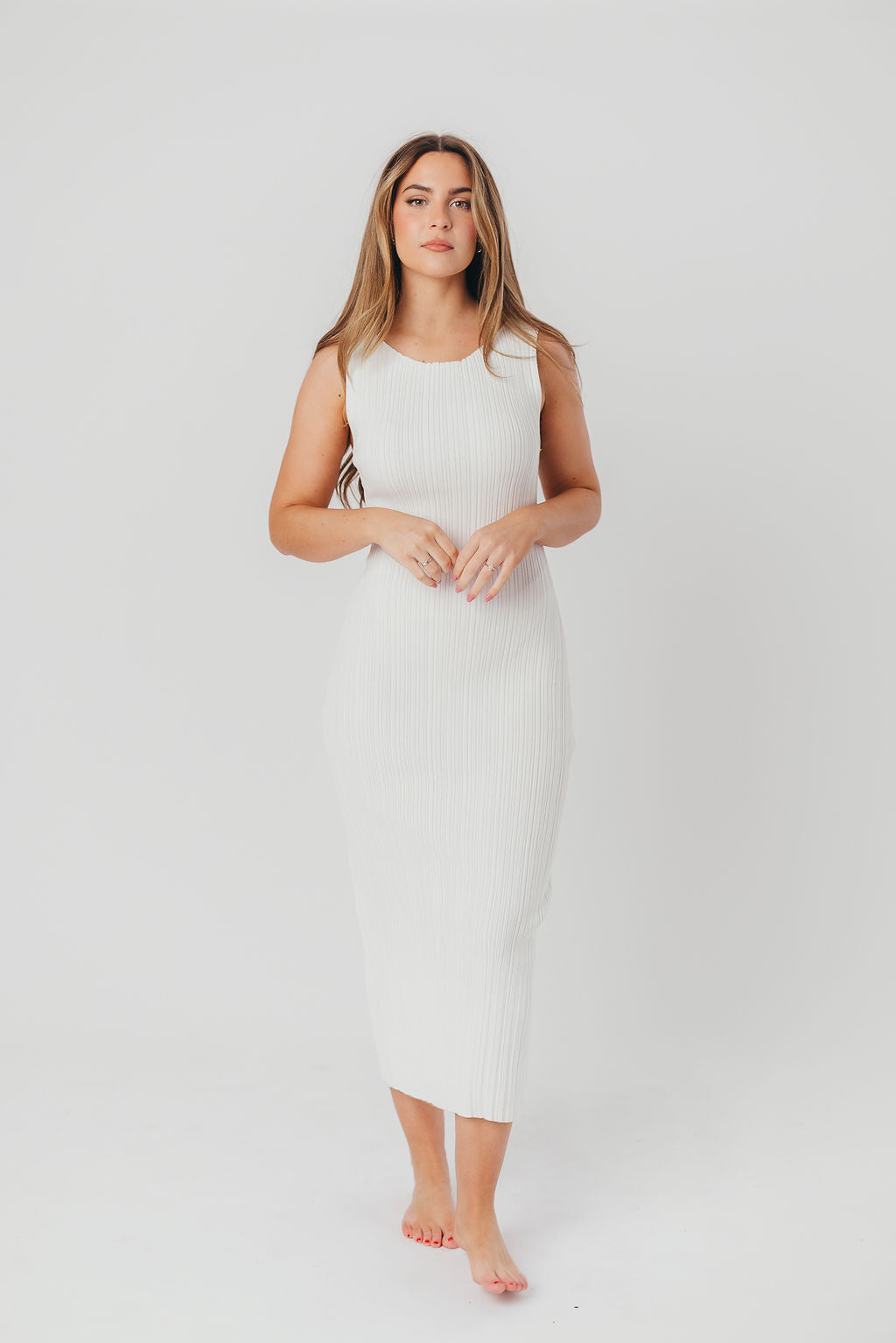 Falling For You Patterned Rib Knit Midi Dress in White